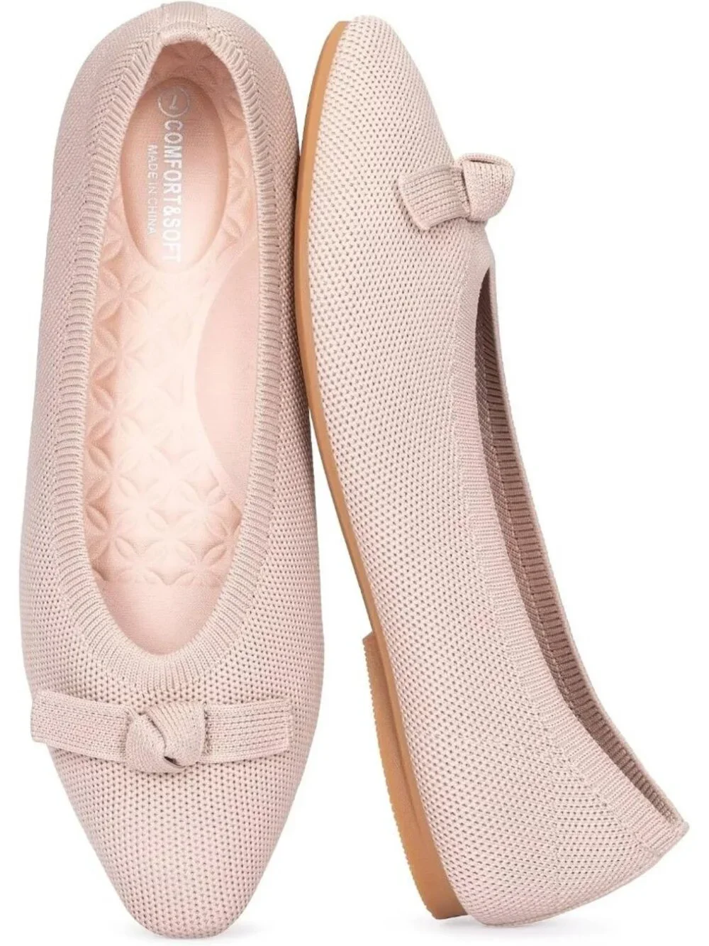 Frank Mully Women's Ecru Solid Rubber Knit Squared Toe Bow Slip On Ballet Flats
